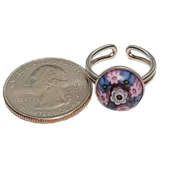 Sterling Silver Italy Millefiori Glass Cab Adjustable Ring Size 6